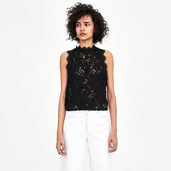 Zara Trafaluc Black Floral Lace Halter Embroidered Sleeveless Crop Tank Top Sz S - Picture 4 of 9